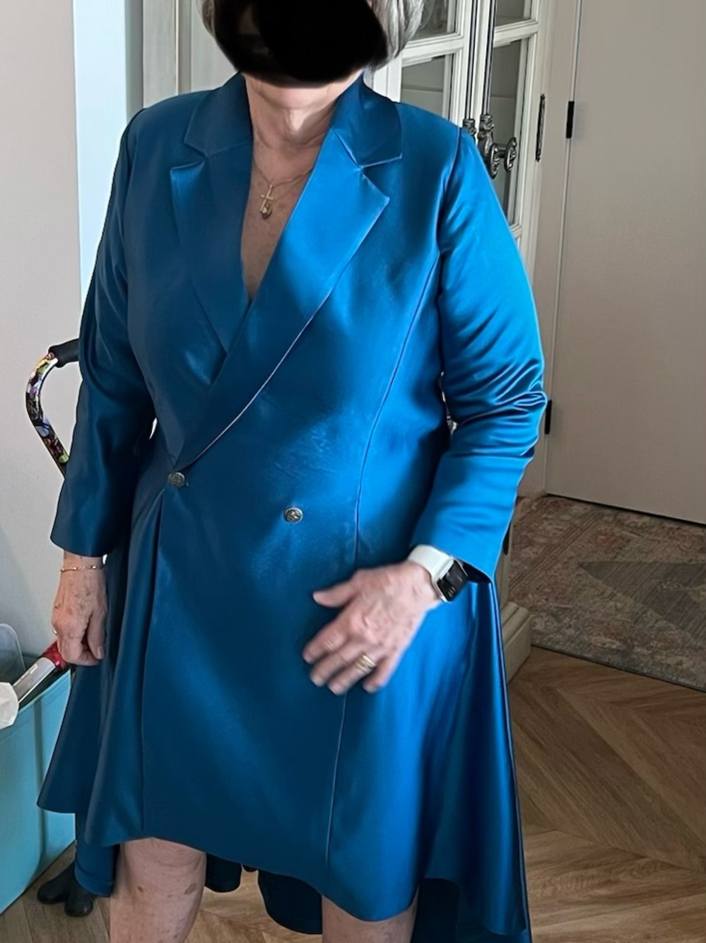 Satin Teal Double-Breasted High-Low Dress Blazer